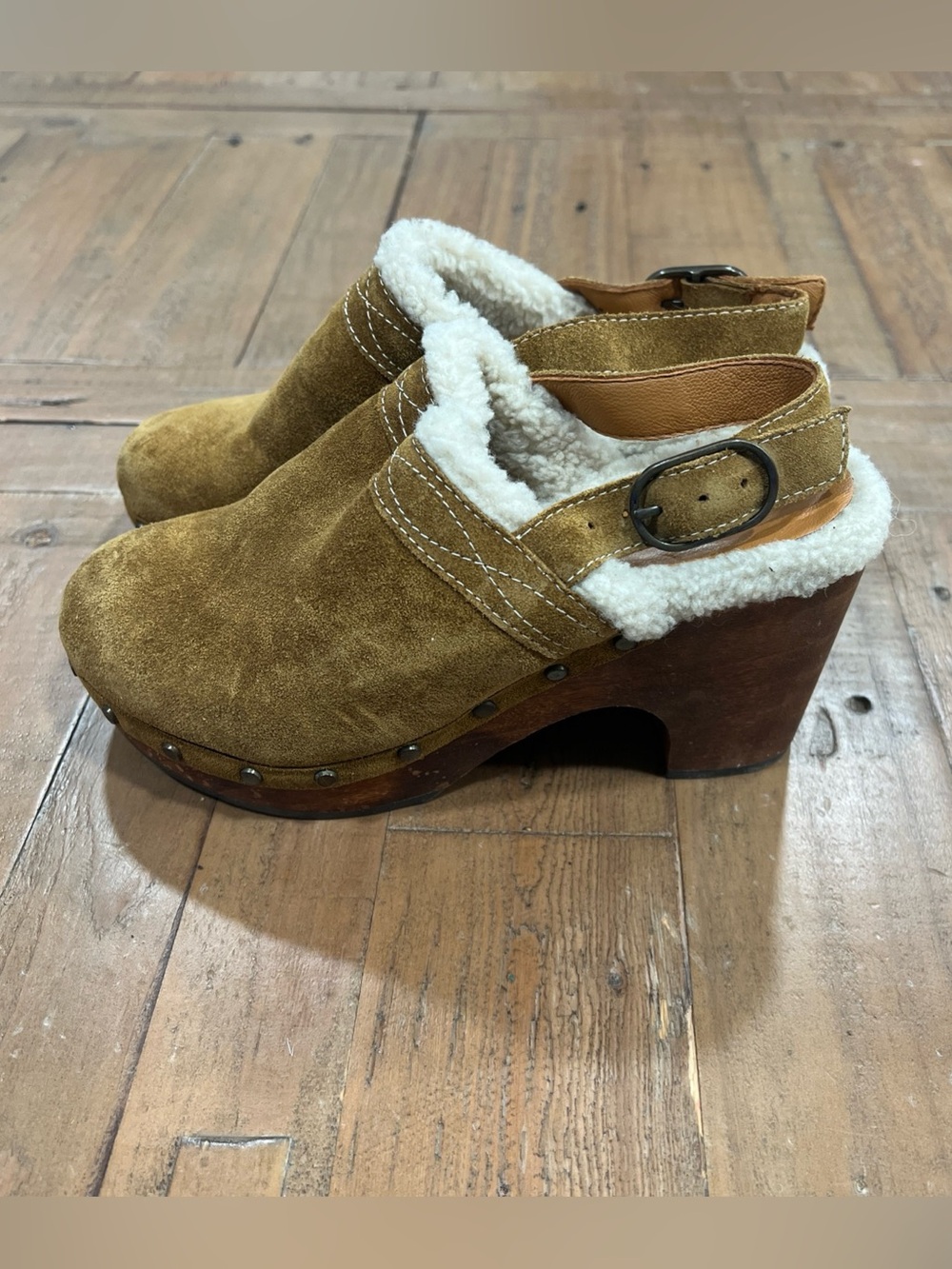 Sezane Taylor Heeled Clogs UK 36 US 5.5 Suede Shearling Lined Platform Buckle